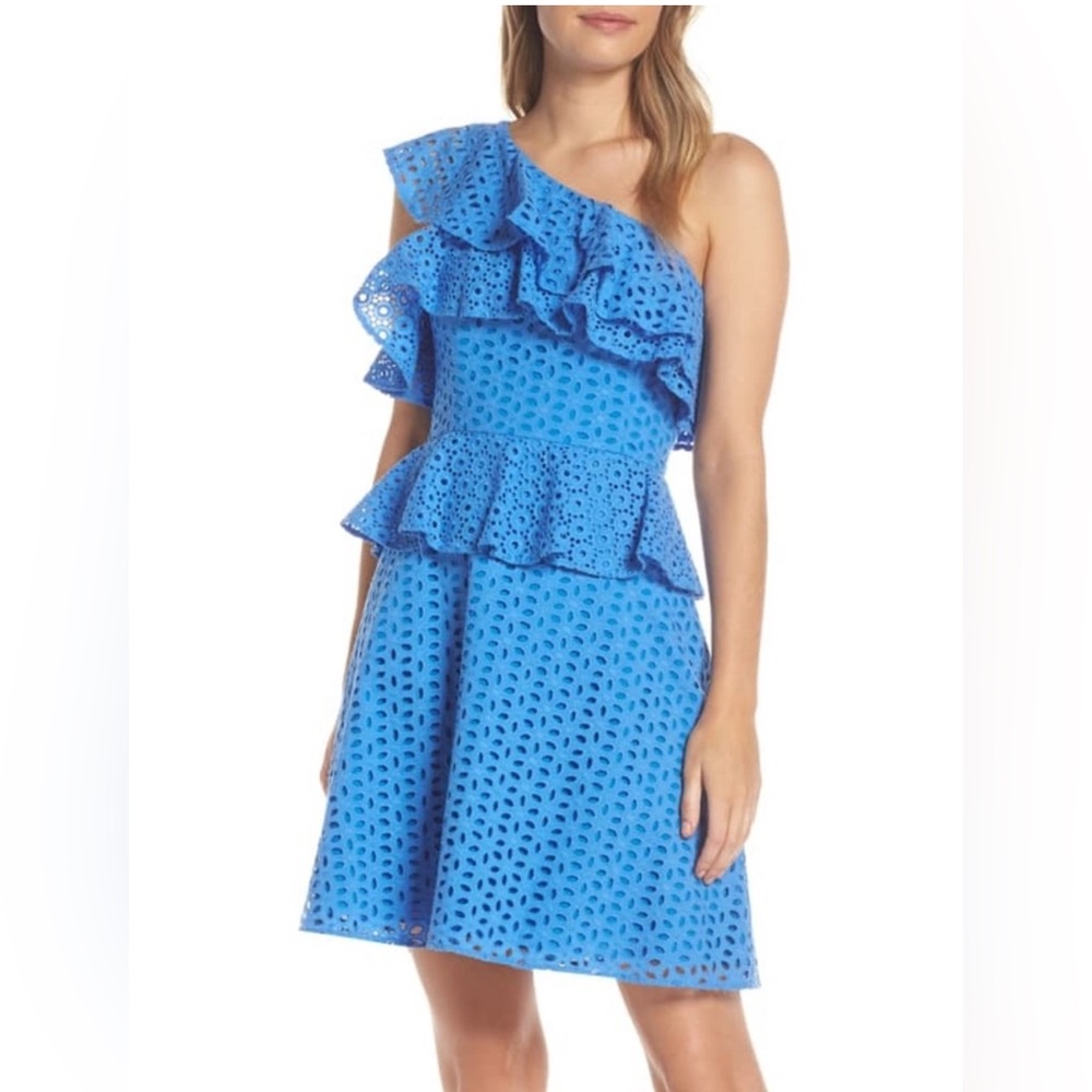 Lilly Pulitzer Josey One Shoulder Dress Coastal Blue Flower Eyelet Ruffles